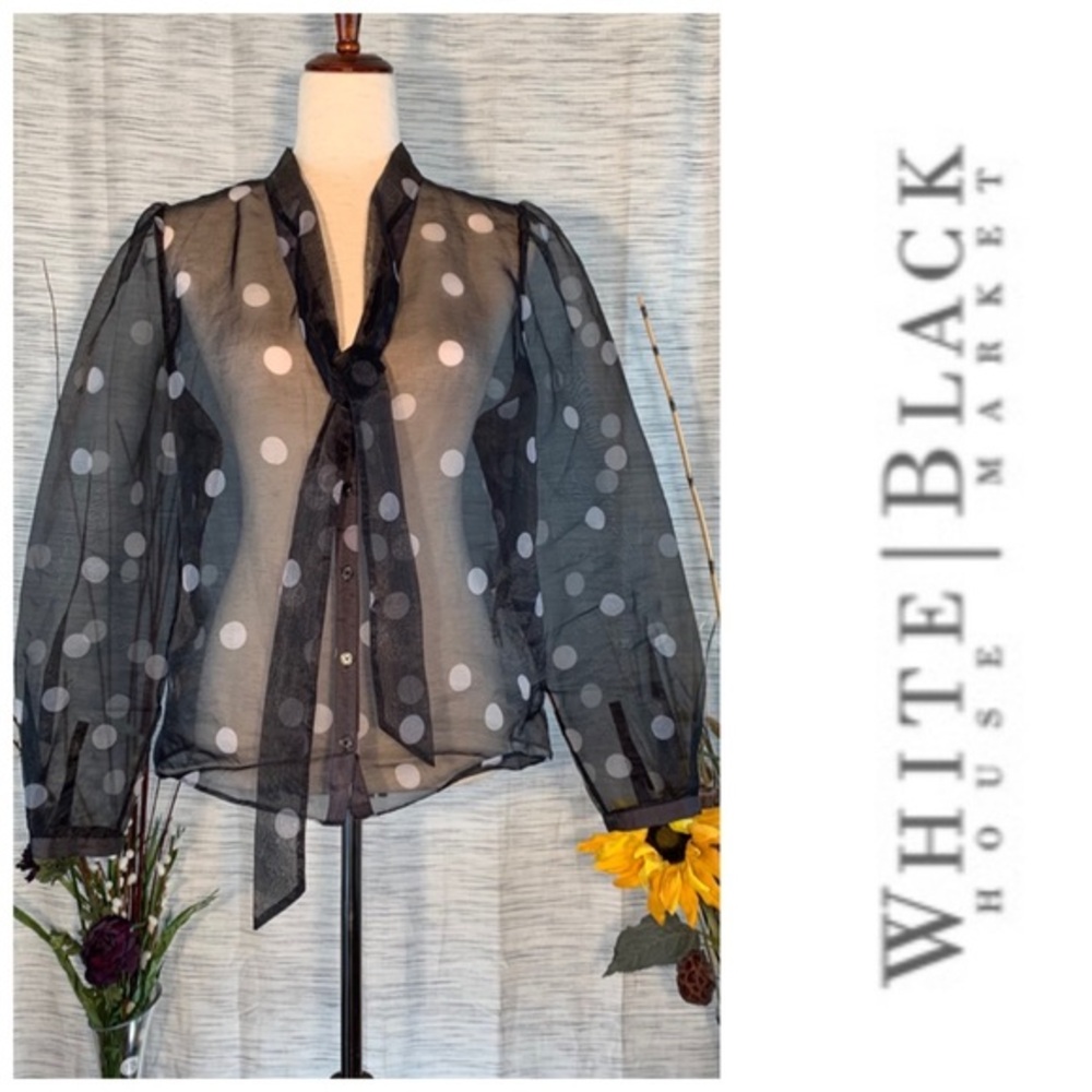 White House Black Market black and white polka-dots mesh see-through blouse.